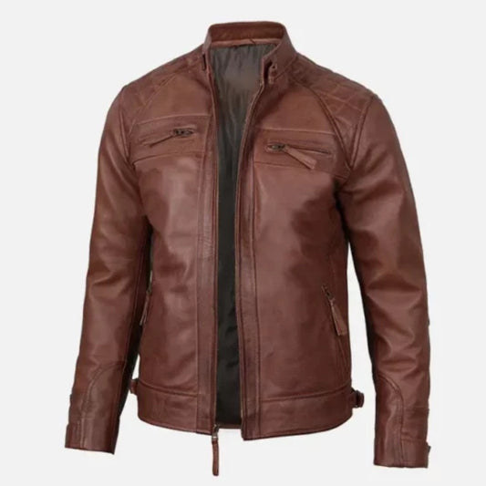 Man wearing men’s slim fit brown café racer leather jacket