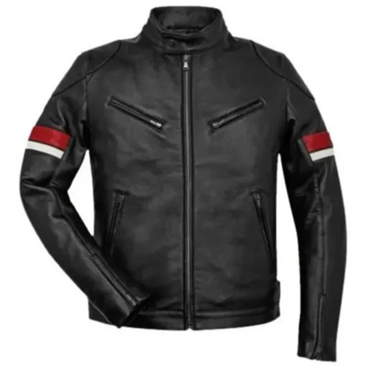 Men’s striped cafe racer leather jacket in vintage motorcycle style