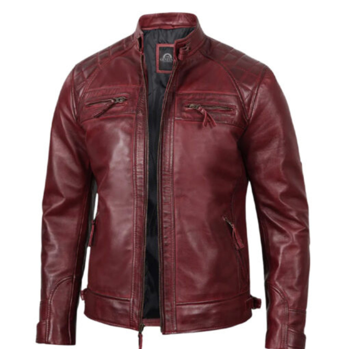 Man wearing men’s tall maroon café racer leather jacket