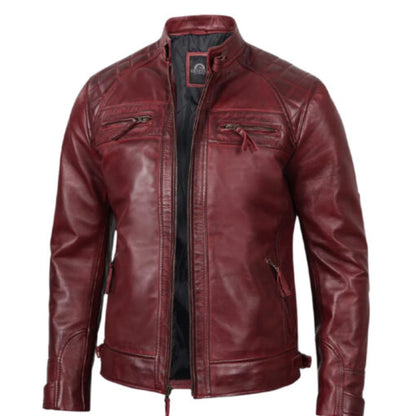Man wearing men’s tall maroon café racer leather jacket