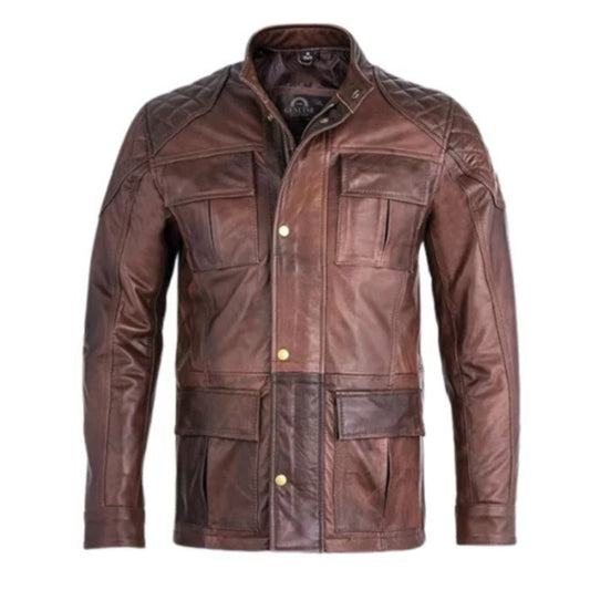 Men’s three-quarter long leather jacket in classic design, featuring a tailored fit, zip closure, durable leather, and versatile style for riding or everyday wear.