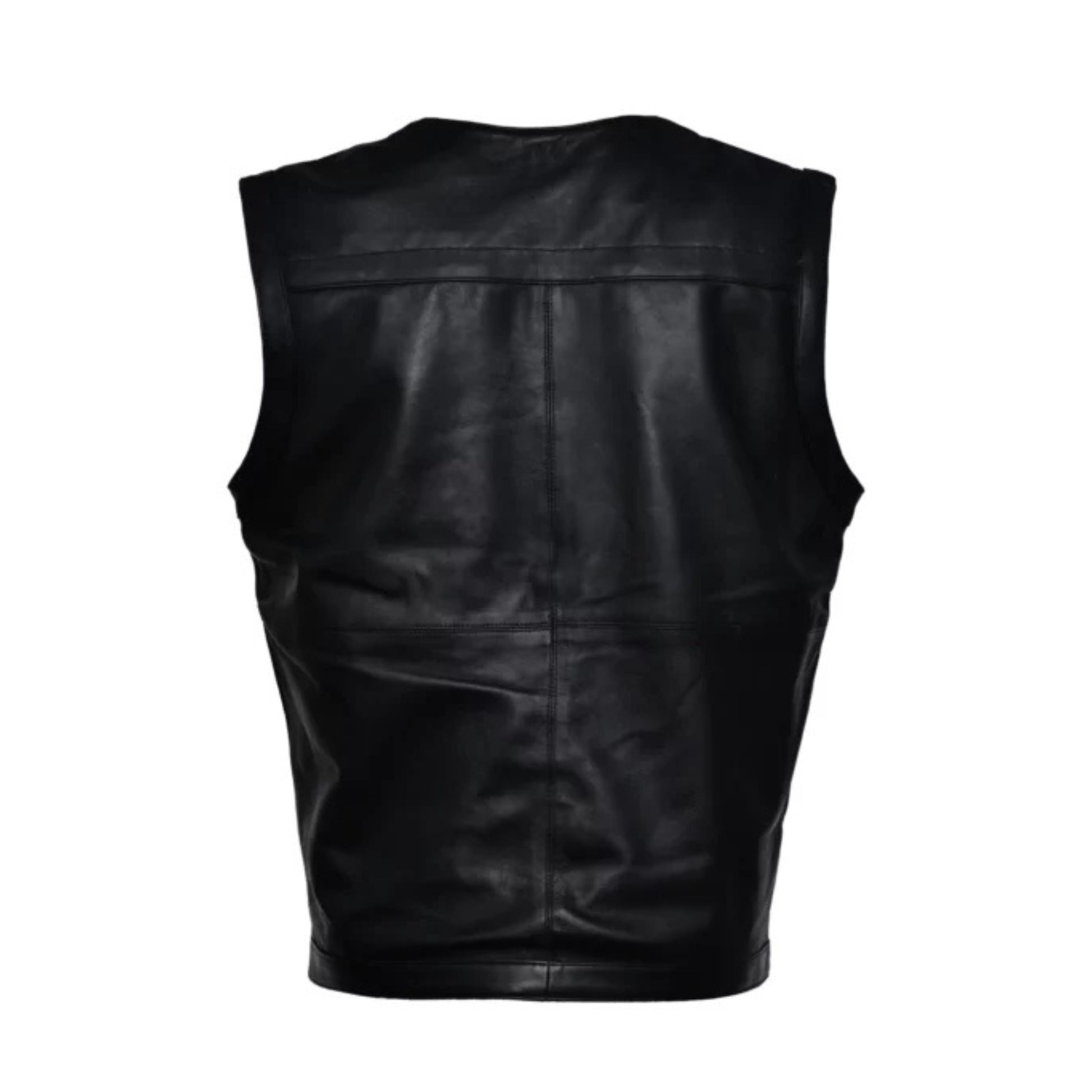 Men’s Hunter Valley black leather vest with rugged classic biker design.