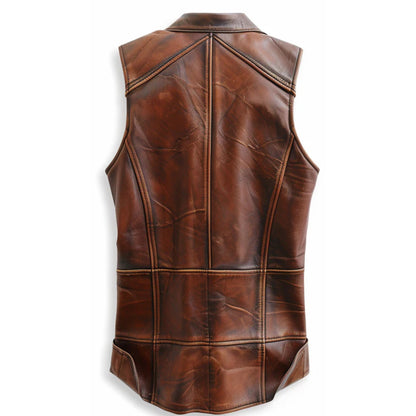 "Men’s vintage brown leather biker vest with classic timeless design"