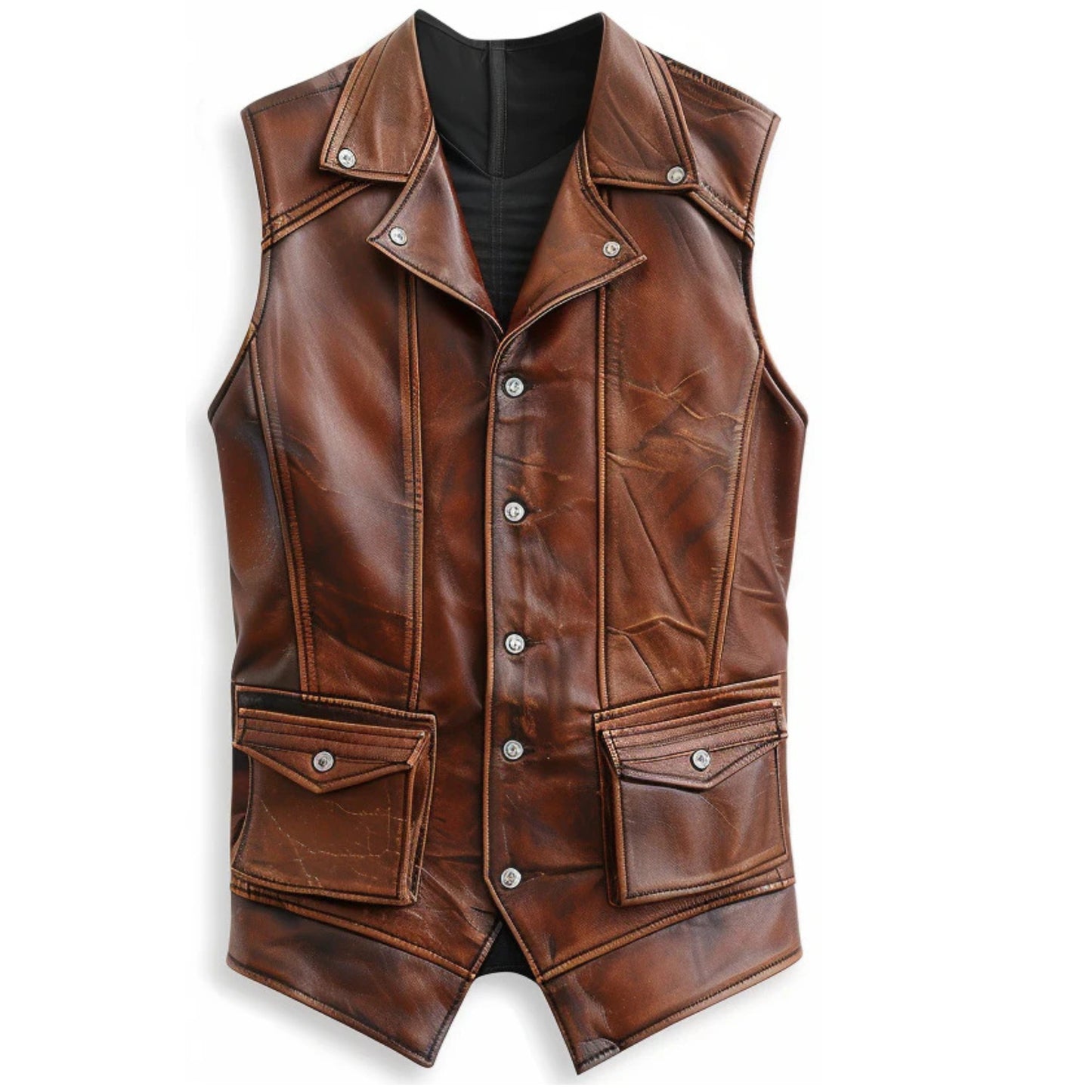 "Men’s vintage brown leather biker vest with classic timeless design"