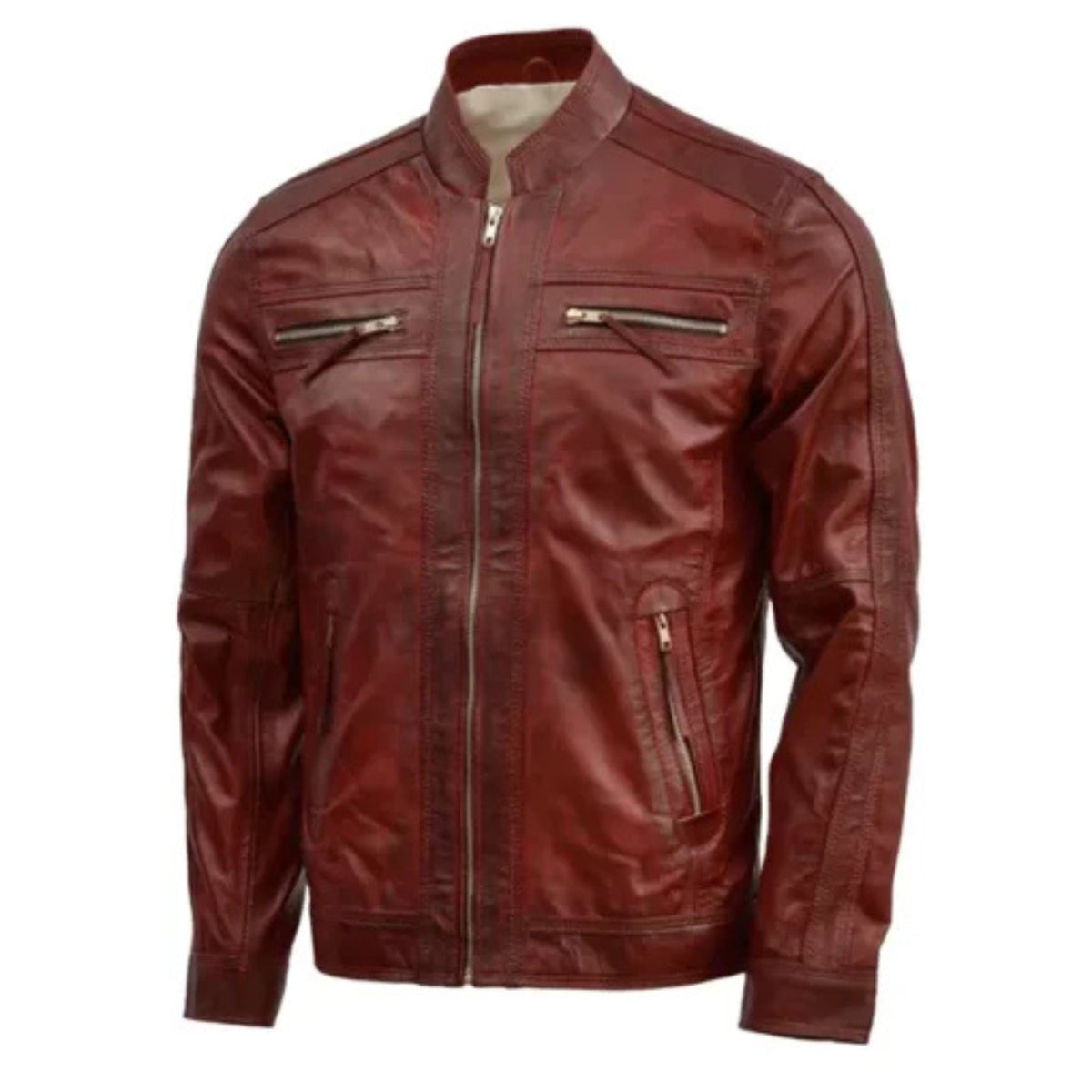 “Men’s burgundy waxed leather jacket with classic vintage design”