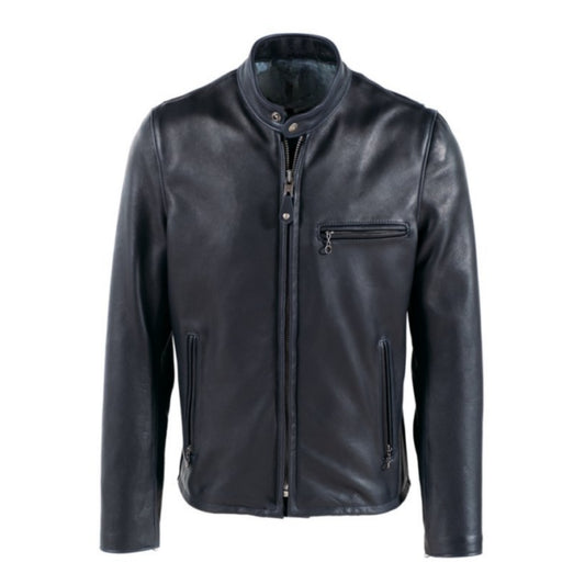 “Men’s waxed natural cowhide cafe racer leather jacket with rugged biker style and front zip closure”