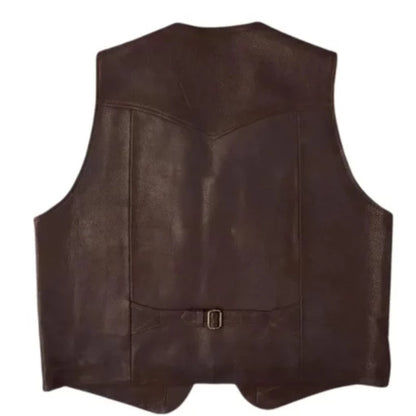 "Men’s Western style brown leather vest with classic cowboy design"
