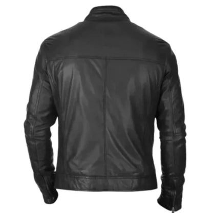 Men’s black lambskin leather jacket with sleek modern design, zip closure, soft durable leather, and versatile style for riding or everyday wear.
