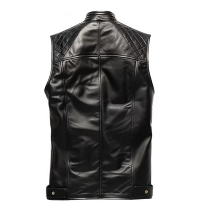 Men’s black quilted leather vest with sleek modern fit and tailored design.