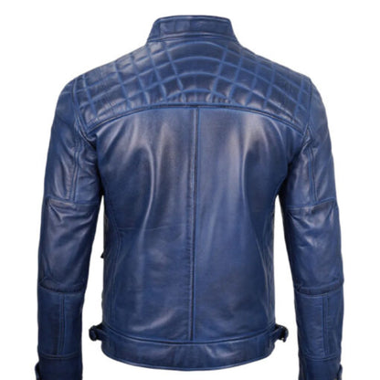 Man wearing men’s blue waxed café racer leather jacket