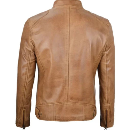 Man wearing men’s camel brown café racer leather jacket