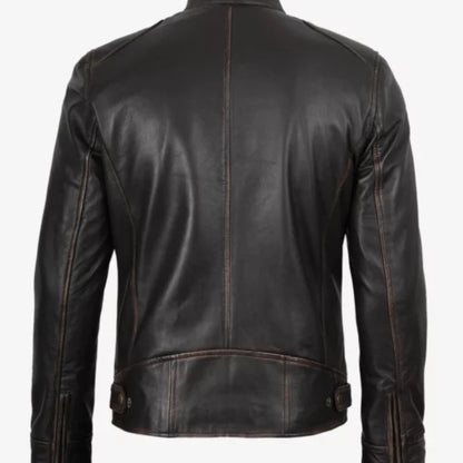 Classic biker style dark brown leather café racer jacket for men