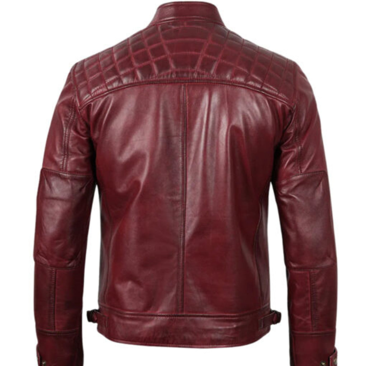 Man wearing men’s tall maroon café racer leather jacket