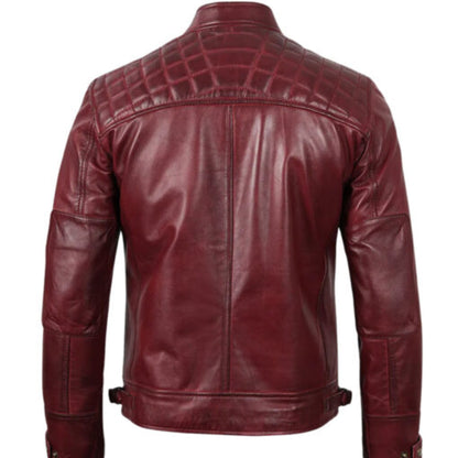 Man wearing men’s tall maroon café racer leather jacket