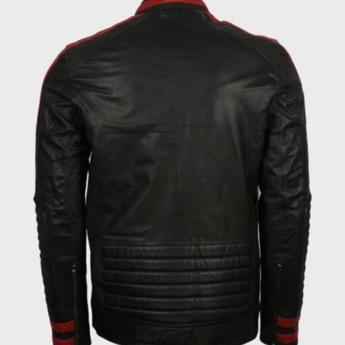 Men’s Red & Black Cafe Racer Leather Jacket with bold biker style, slim fit, front zipper, and classic motorcycle design.