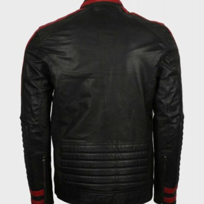 Men’s Red & Black Cafe Racer Leather Jacket with bold biker style, slim fit, front zipper, and classic motorcycle design.