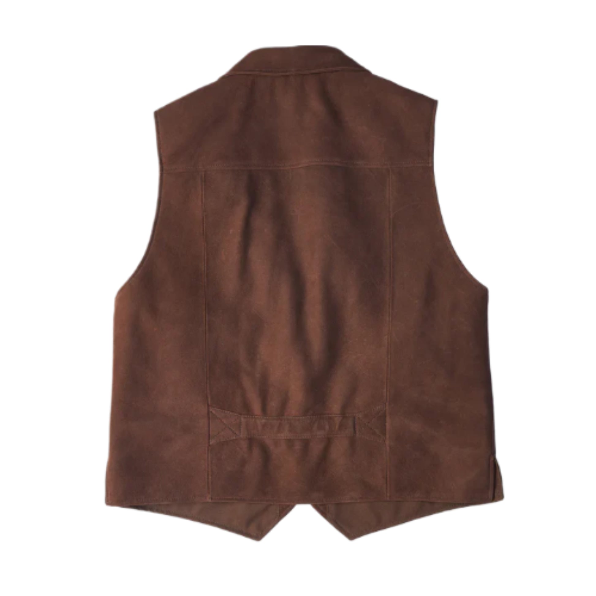 Men’s brown multi-pocket leather vest in rugged utility design with classic fit and front closure.