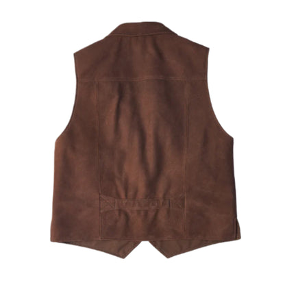 Men’s brown multi-pocket leather vest in rugged utility design with classic fit and front closure.