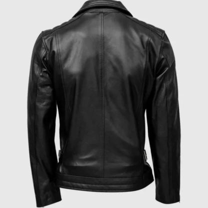 Men’s quilted leather biker jacket with stylish motorcycle design, black color, padded shoulders, and zippered pockets.