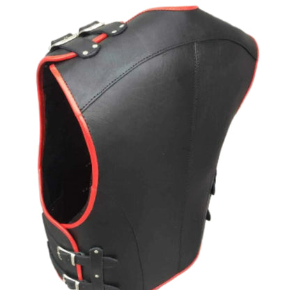 "Men’s red-striped black leather biker vest with bold motorcycle style"