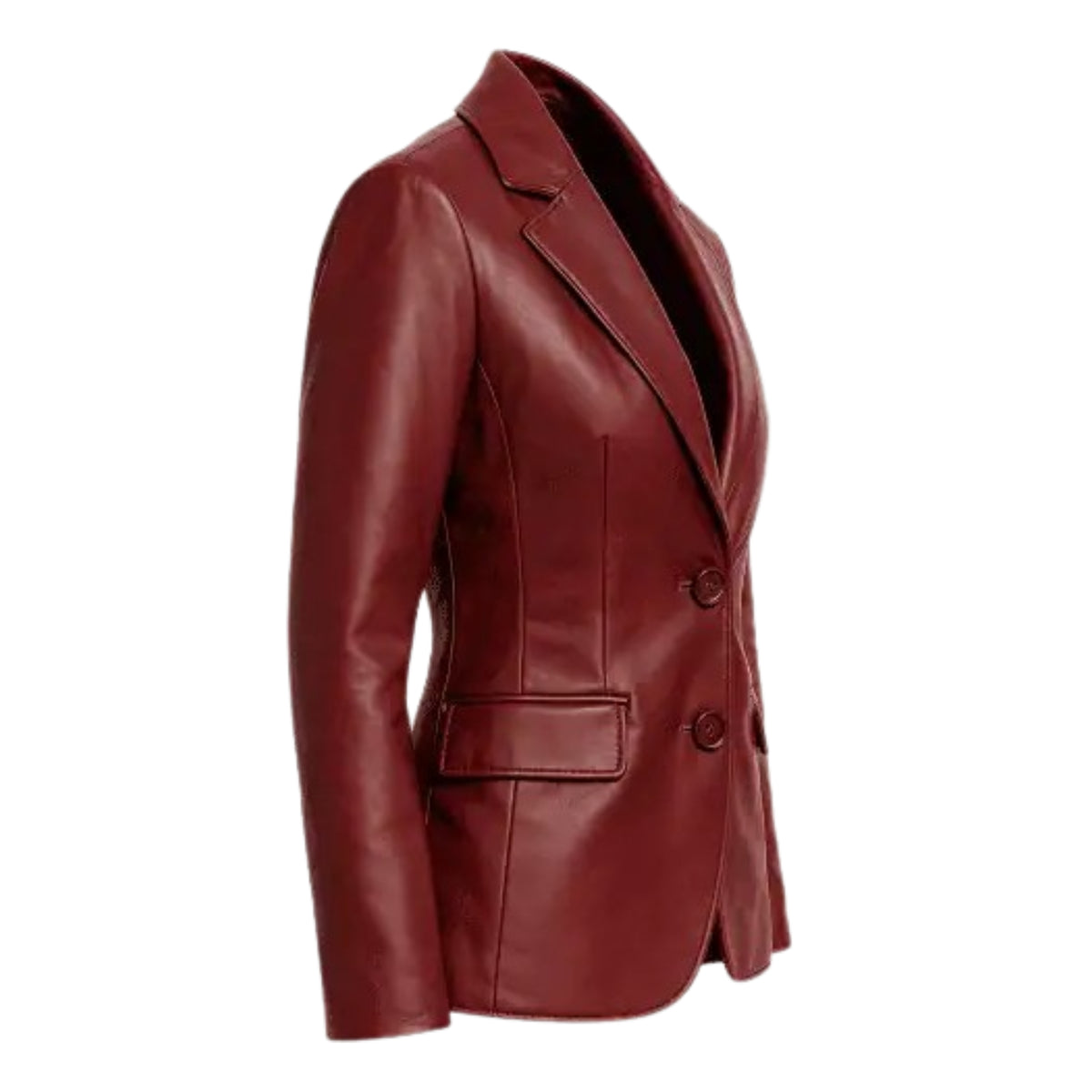 Women’s premium burgundy lambskin leather blazer with a luxurious finish and elegant design.
