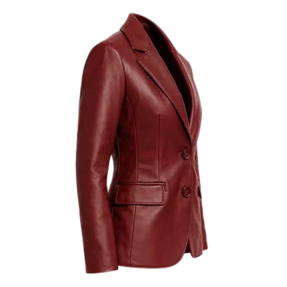 Women’s premium burgundy lambskin leather blazer with a luxurious finish and elegant design.

