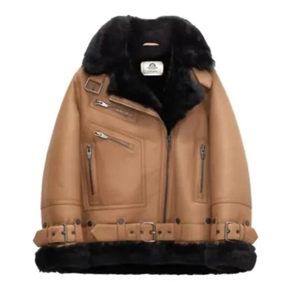 Premium Women’s Moya Aviator Jacket crafted from genuine leather, featuring a classic flight design with a modern feminine fit and elegant detailing.