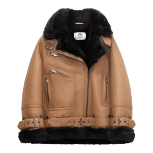 Premium Women’s Moya Aviator Jacket crafted from genuine leather, featuring a classic flight design with a modern feminine fit and elegant detailing.