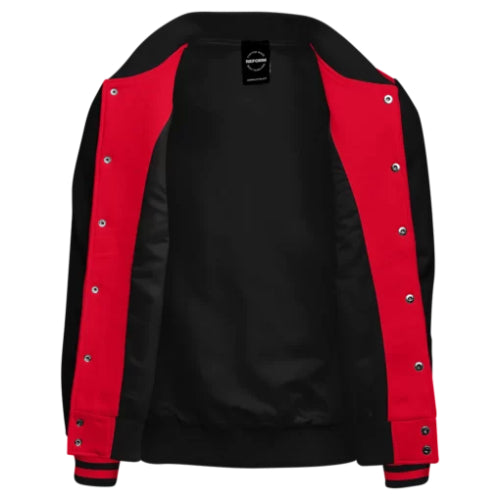 Casual Red and Black Varsity Jacket featuring bold color contrast, modern sporty design, and comfortable everyday wear