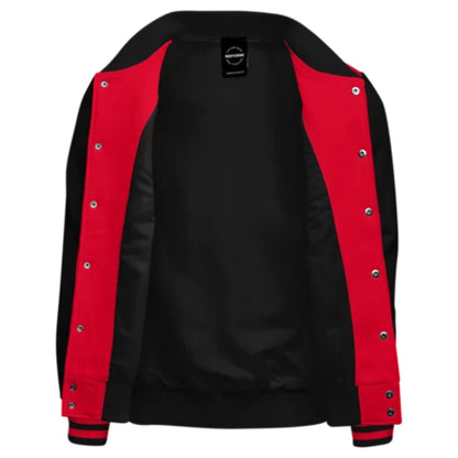 Casual Red and Black Varsity Jacket featuring bold color contrast, modern sporty design, and comfortable everyday wear