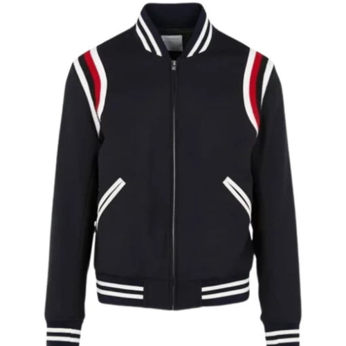 Man wearing the Men’s Cotton Varsity Jacket featuring a soft cotton body, ribbed cuffs, and classic varsity details for a comfortable yet stylish everyday look.