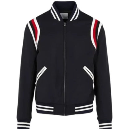 Man wearing the Men’s Cotton Varsity Jacket featuring a soft cotton body, ribbed cuffs, and classic varsity details for a comfortable yet stylish everyday look.