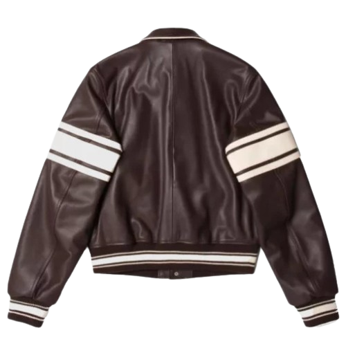 Stussy Wales Bonner Brown Leather Varsity Jacket featuring premium leather construction, classic varsity design, and modern streetwear detailing for a bold, stylish look.