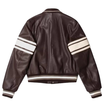 Stussy Wales Bonner Brown Leather Varsity Jacket featuring premium leather construction, classic varsity design, and modern streetwear detailing for a bold, stylish look.