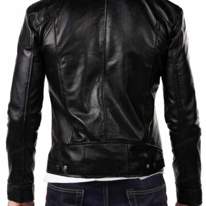 Men’s Black Retro Motorcycle Jacket with classic biker style, slim fit, front zipper, and vintage motorcycle design
