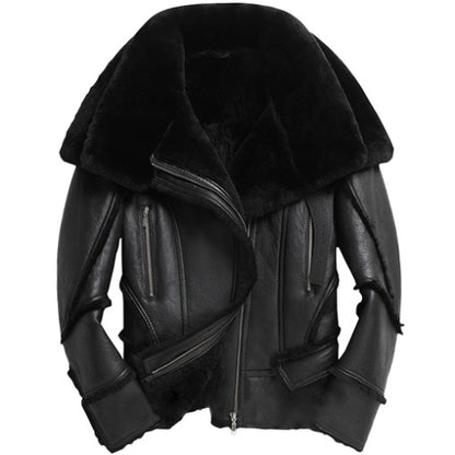 Men’s double collar sheepskin biker jacket in premium leather, featuring a rugged design and stylish fit for confident rides.