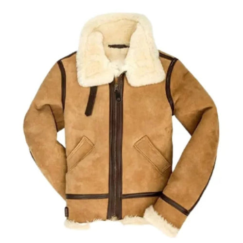Men’s B3 bomber suede leather shearling jacket featuring a plush shearling collar, front zipper closure, and rugged yet luxurious design for winter warmth.