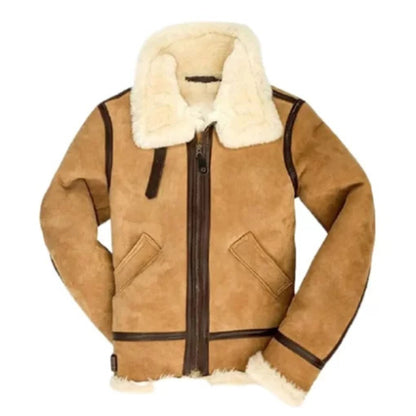 Men’s B3 bomber suede leather shearling jacket featuring a plush shearling collar, front zipper closure, and rugged yet luxurious design for winter warmth.