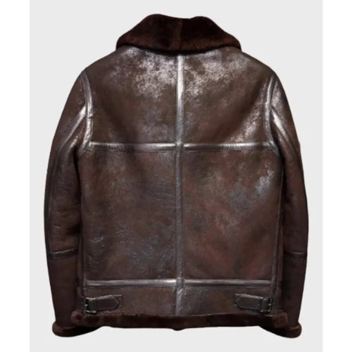 Distressed B3 Brown Shearling Aviator Jacket featuring genuine leather, soft shearling lining, and a rugged vintage design for timeless warmth and style.