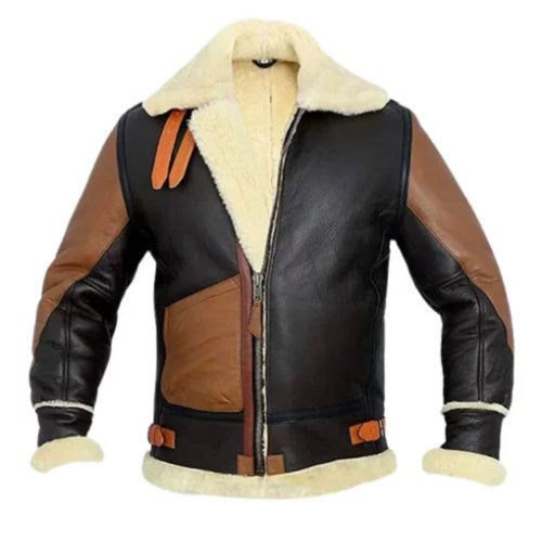Rugged Elegance with the Men’s B3 Aviator Shearling Sheepskin Jacket showcasing classic aviator design, plush shearling lining, and premium brown leather exterior.