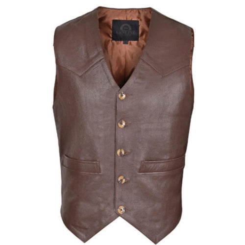 Men’s Brown Premium Leather Vest crafted from high-quality leather with a rich brown finish and detailed stitching, showcasing rugged elegance and timeless style.