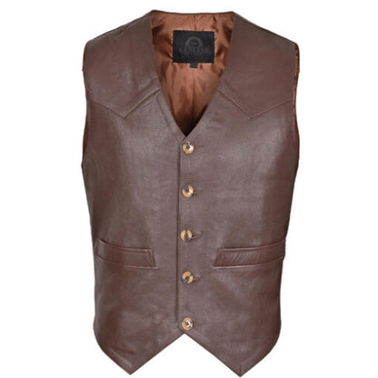 Men’s Brown Premium Leather Vest crafted from high-quality leather with a rich brown finish and detailed stitching, showcasing rugged elegance and timeless style.