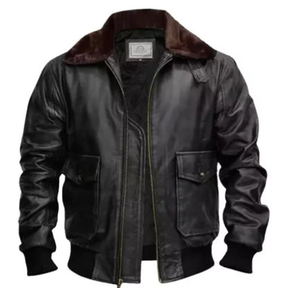 Men’s G-1 Aviator Jacket in distressed black leather, featuring a rugged vintage flight design, durable construction, and classic aviator style.