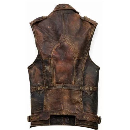 Men’s Amell Vintage Distressed Brown Leather Vest featuring a rugged, classic design crafted from genuine leather with a weathered finish for timeless appeal and masculine style.