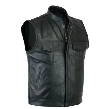 Men’s black motorcycle biker leather vest with rugged riding design and front closure.