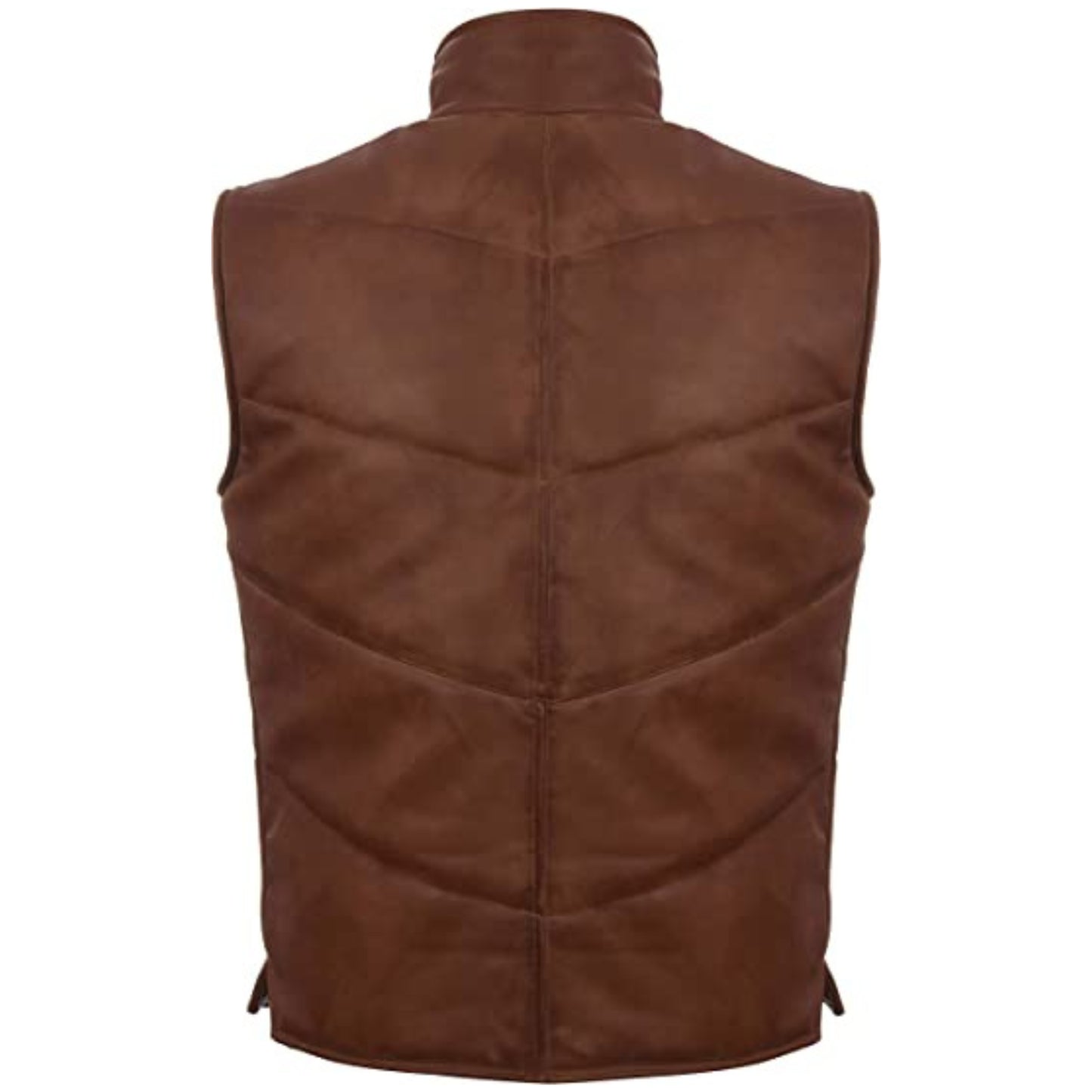 “Men’s brown puffer leather vest with warm, durable, and rugged design.”