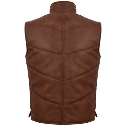 “Men’s brown puffer leather vest with warm, durable, and rugged design.”