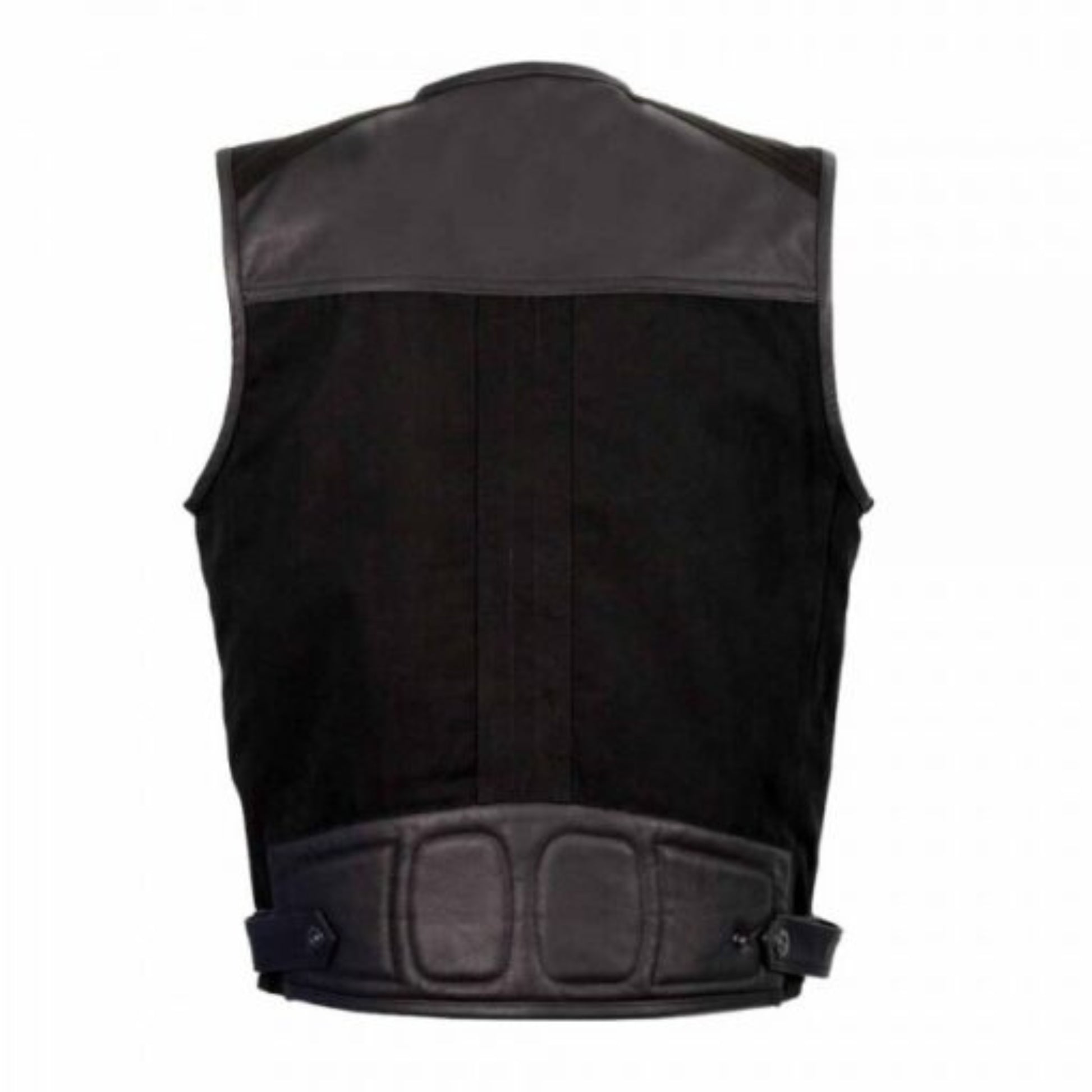 “Men’s black leather vest with multiple pockets, designed in a rugged utility style for a durable and stylish look.”