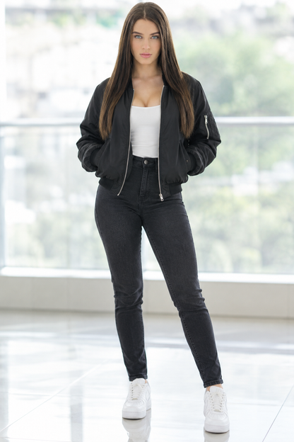 Shop Lana Rhoades Stylish  Black Bomber Jacket
