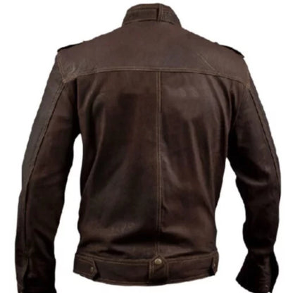 Men’s brown slim fit leather moto jacket, stylish, sleek, and perfect for riding or casual wear